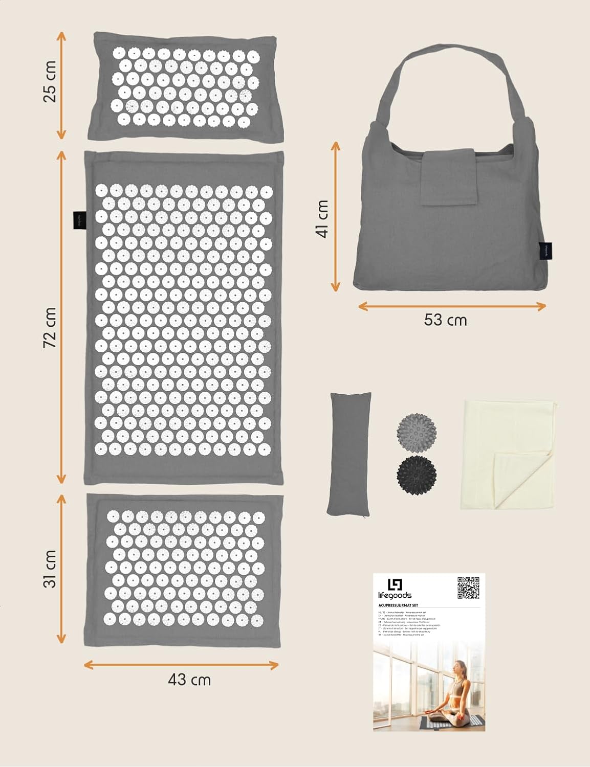 Detalle de LifeGoods ECO Akupressurmatte mit Kissen – Akkupressur-/Akupunktur-Massagematte für Rücken, Nacken & Kopf
