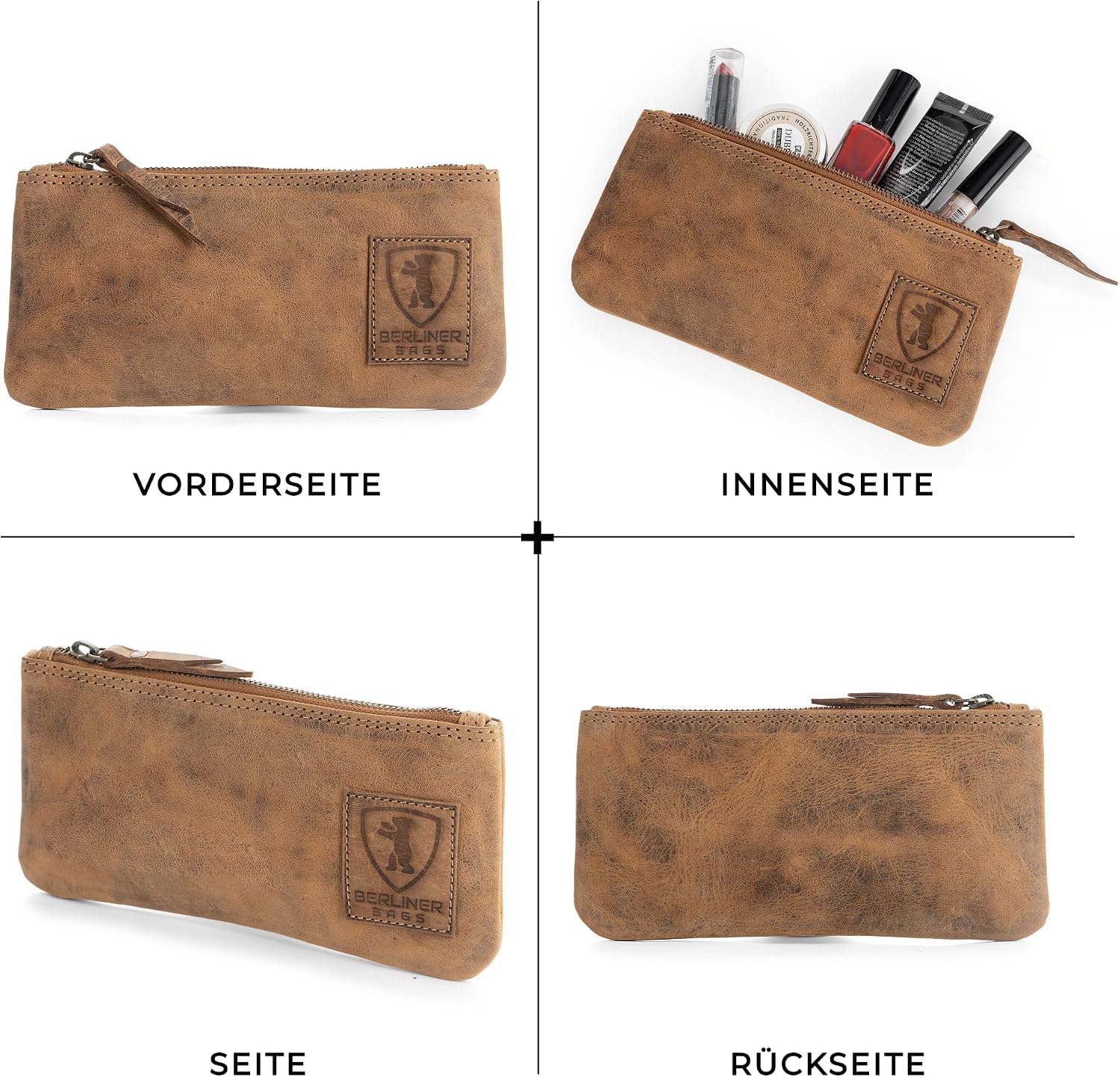 Detalle de Berliner Bags Vintage Federmäppchen aus Leder mit YKK-Reißverschluss – Braun (20 x 11 x 1 cm)