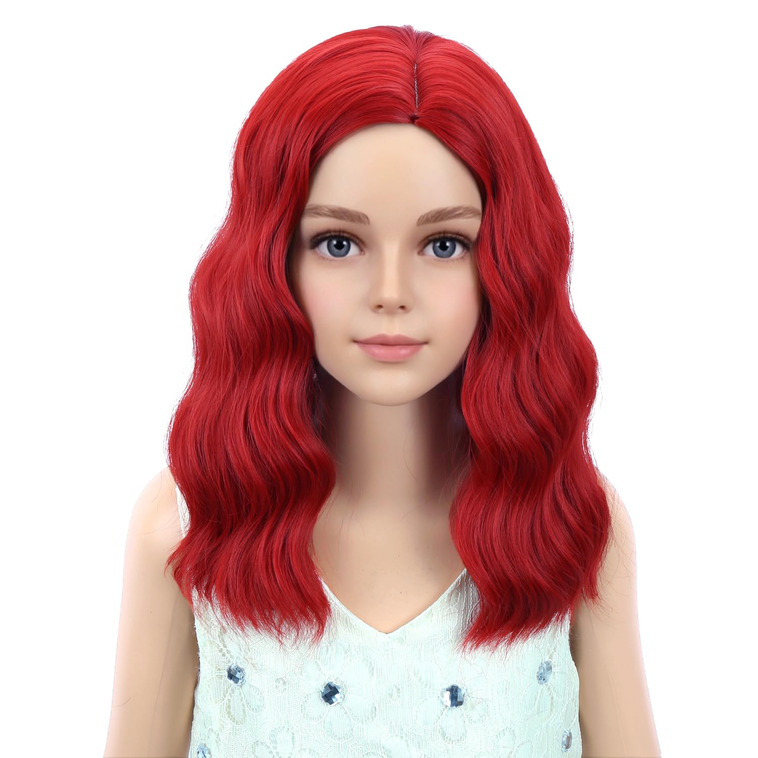 Detalle de PATTNIUM Red Short Wavy Synthetic Wig for Kids, Adjustable Cap