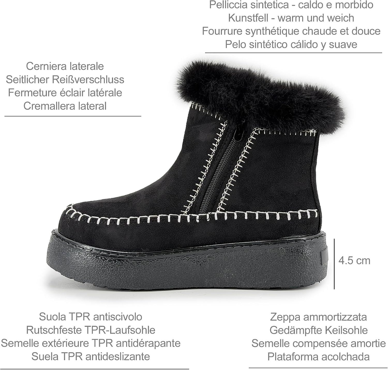 Detalle de JOMIX gevoerde winterlaarzen met bontkraag, zijrits en antislipzool