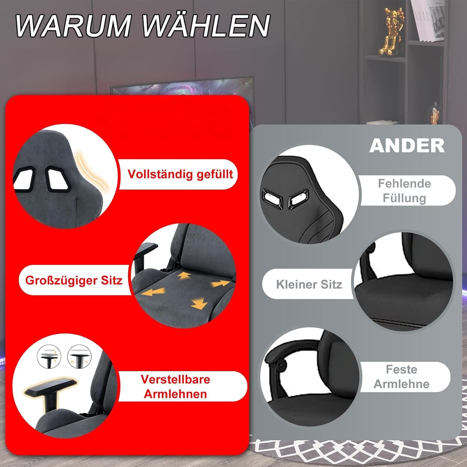 Detalle 2 de Asukale Gaming Stuhl mit atmungsaktivem Stoff, verstellbarer Rückenlehne (90–150°) und Fußstütze – grau