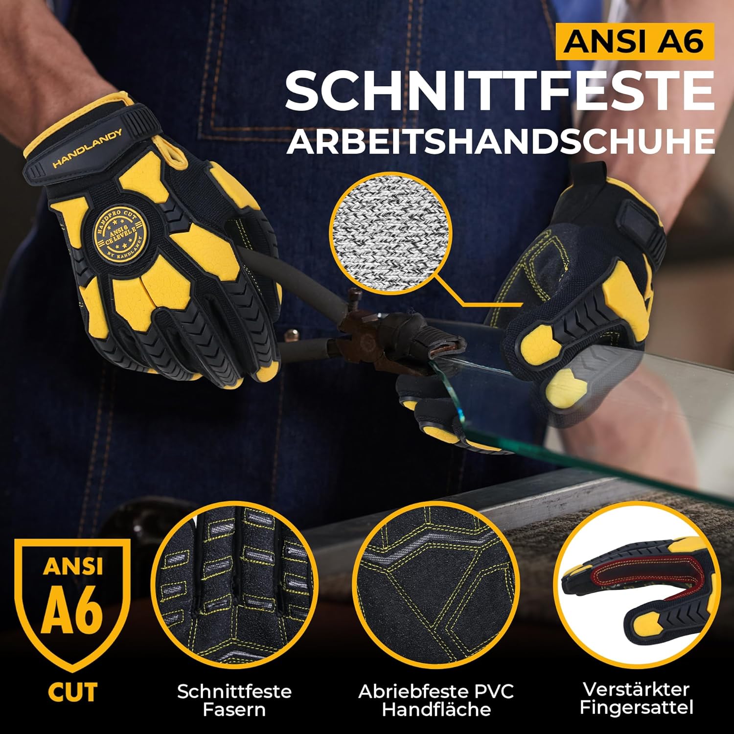 Thumbnail 1 de HANDLANDY Schnittfeste Handschuhe für Männer mit Anti-Vibrations-Schutz, gepolsterter PVC-Handfläche (Schwarz-Gelb) – Größe L