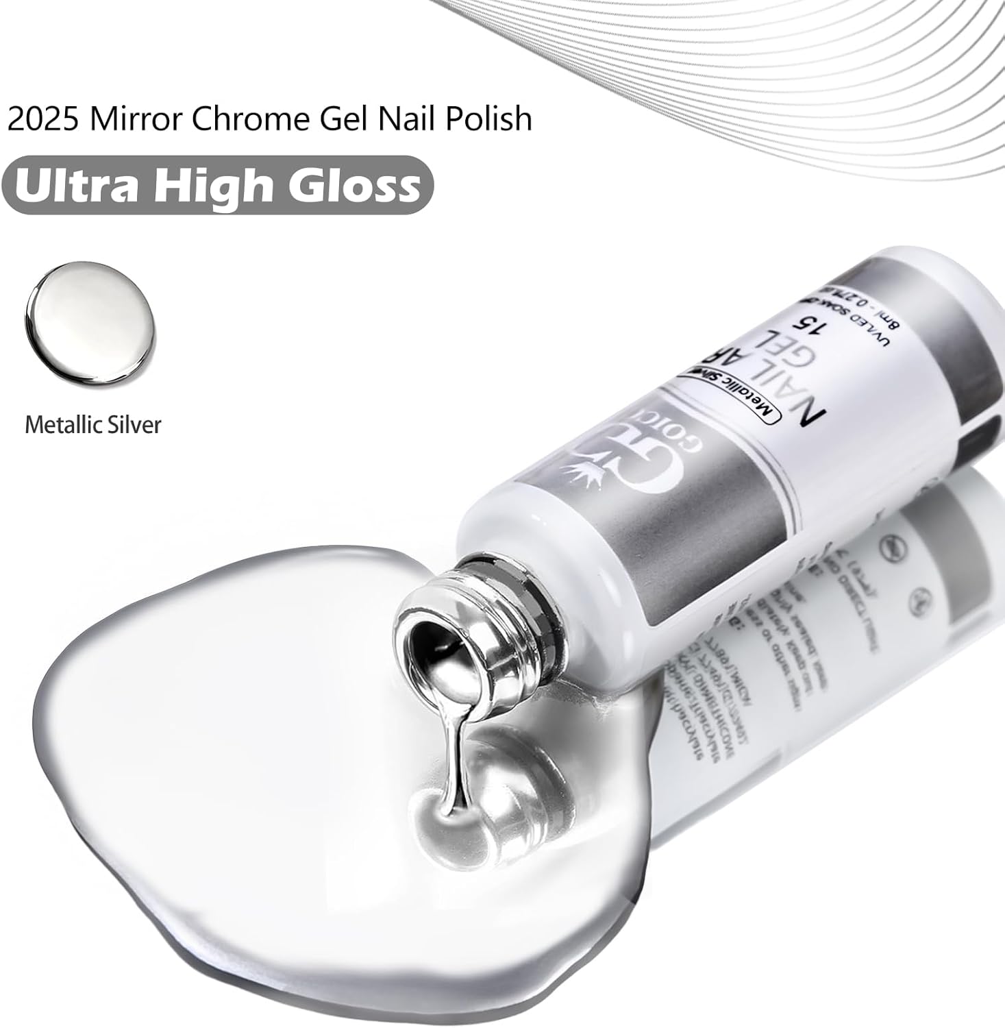 Thumbnail 2 de Metallic Painting Gel Liner Argento 8 ml per nail art effetto mirror chrome UV/LED