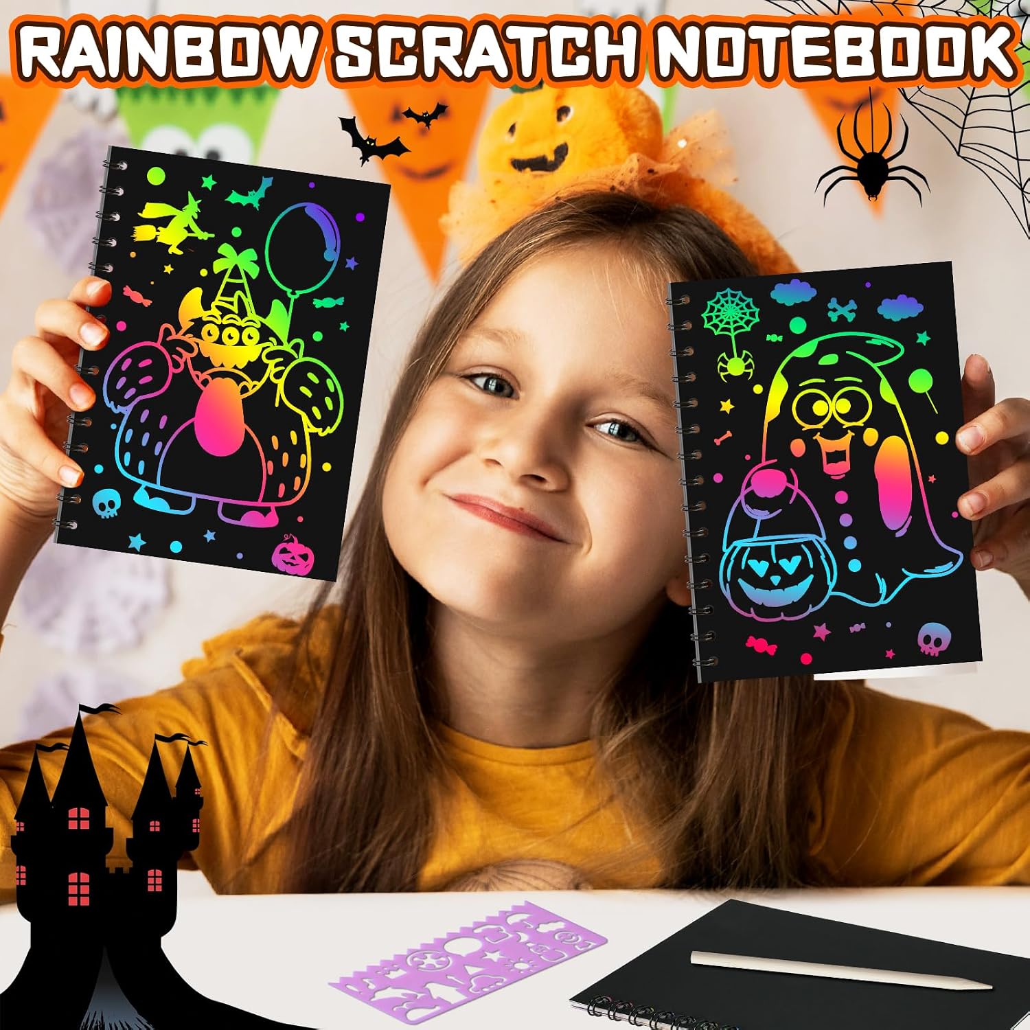 Detalle de FEREDO KIDS 24-Pack Rainbow Scratch Art Notebooks with Halloween Designs