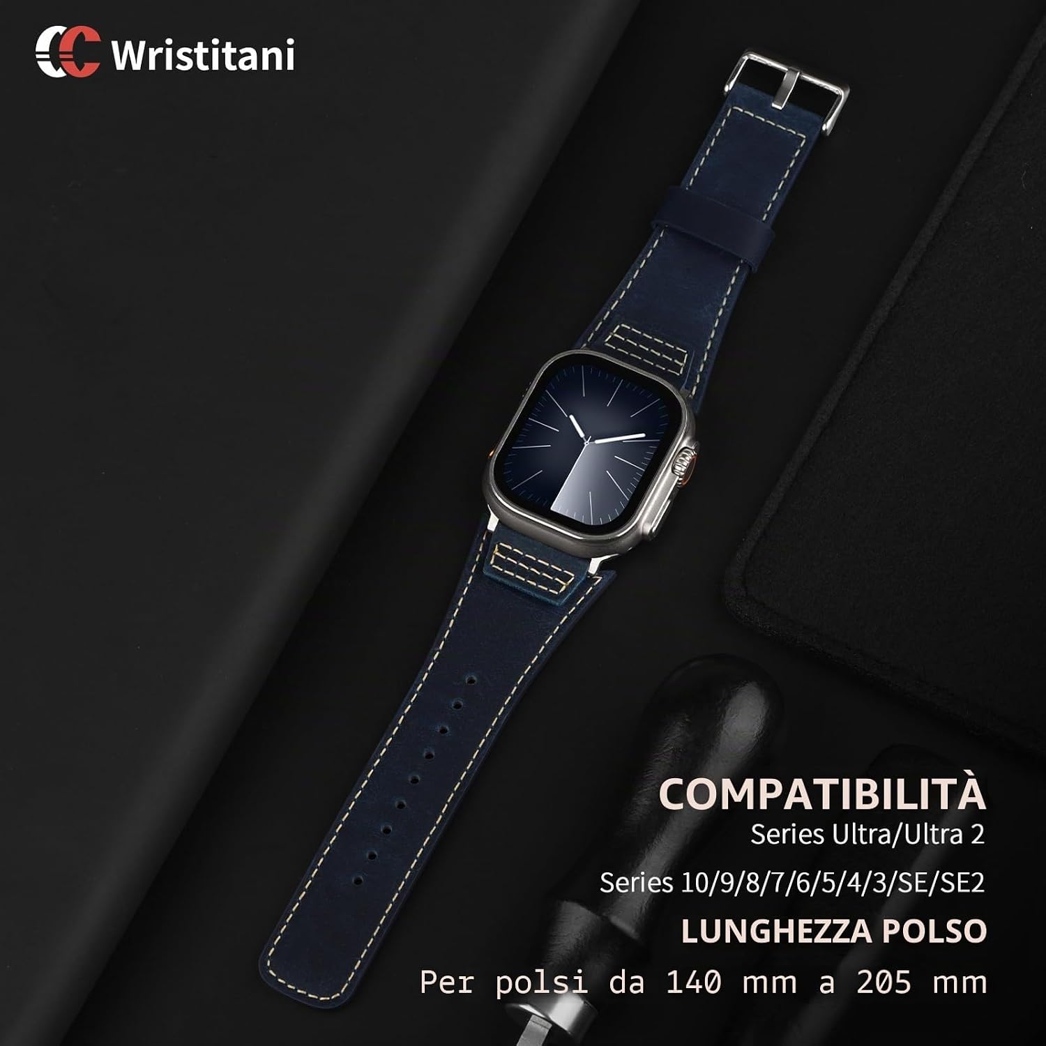 Detalle de Wristitani Cinturino in pelle vintage per Apple Watch – compatibile 38–49 mm