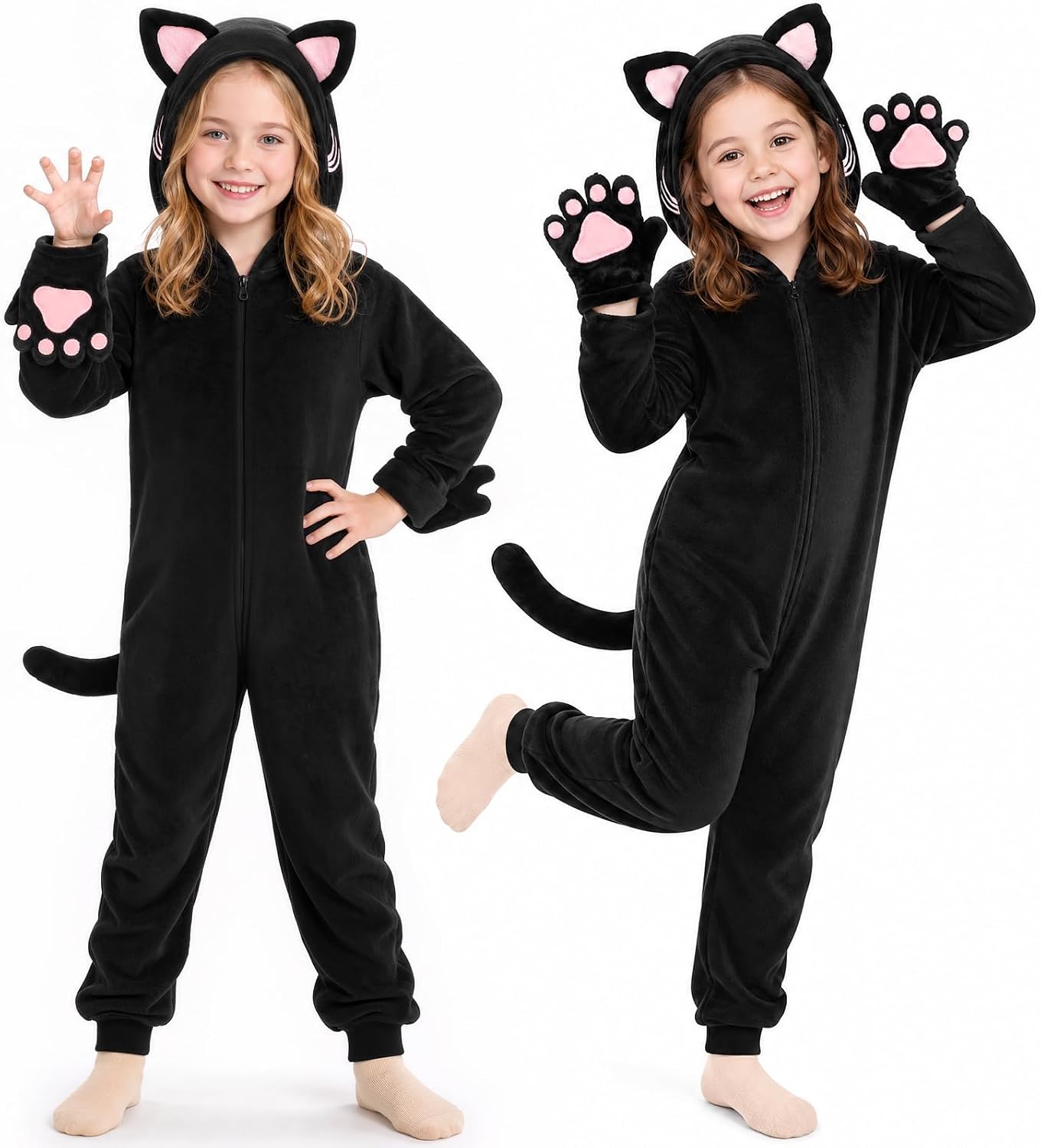 Detalle de Joycover Black Cat Costume Onesie for Girls with Hood, Tail and Paw Gloves