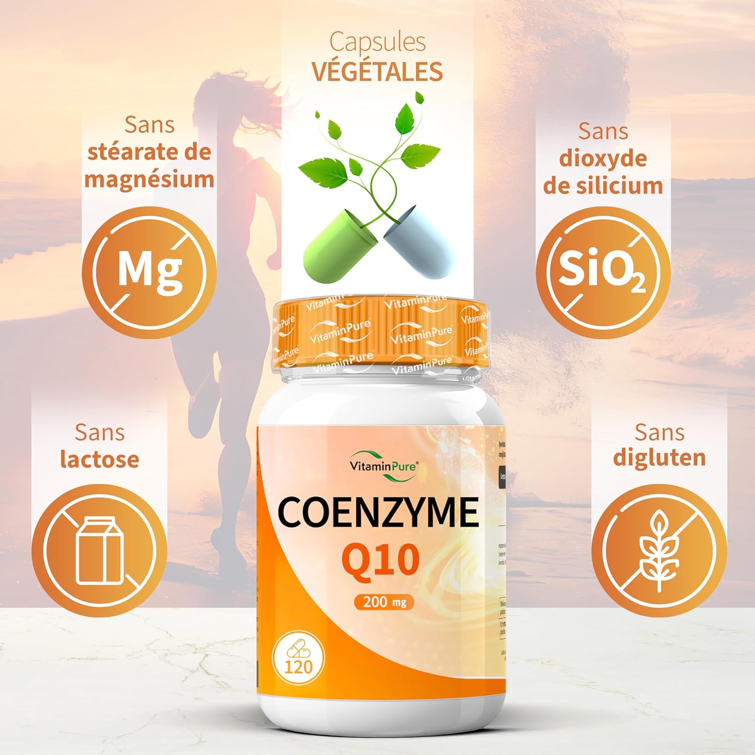 Detalle de Coenzyme Q10 200 mg par gélule – VitaminPure, 120 gélules (4 mois) végétales, Q10 fermenté pour meilleure biodisponibilité