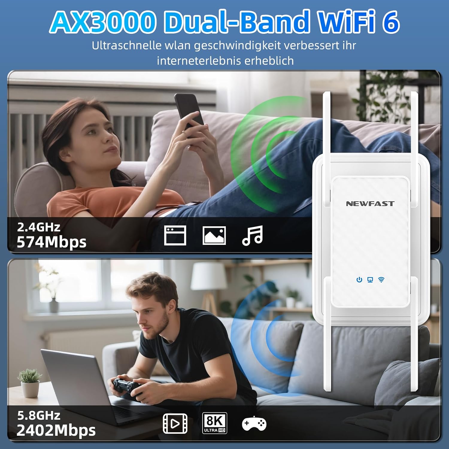 Detalle 2 de NEWFAST 2026 WiFi 6 Extender – 3000 Mbit/s, 4 Antennen, MU-MIMO, Gigabit-Port, 3 Betriebsmodi