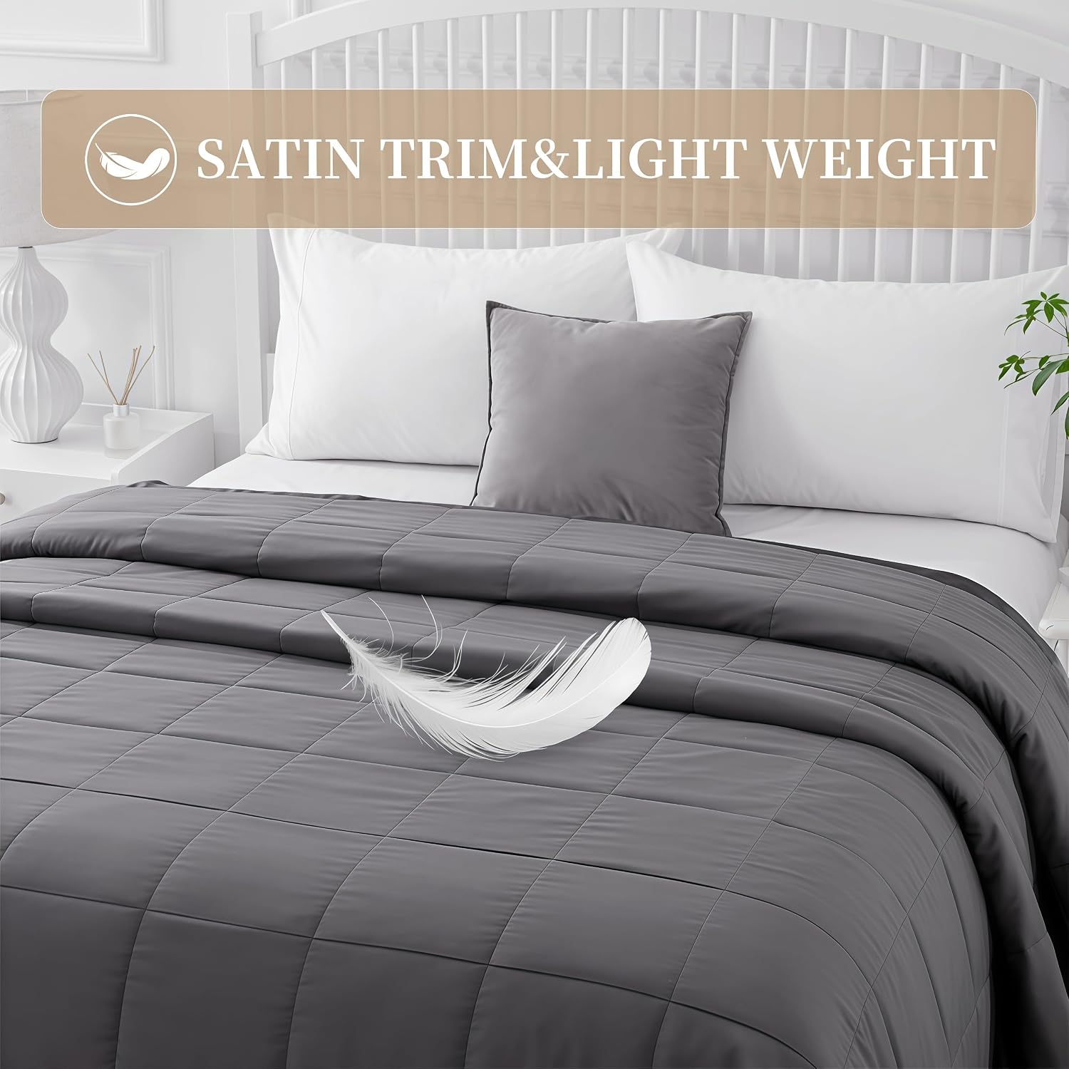 Detalle de COMFLIVE Twin Down Alternative Blanket, Charcoal, Lightweight with Satin Trim