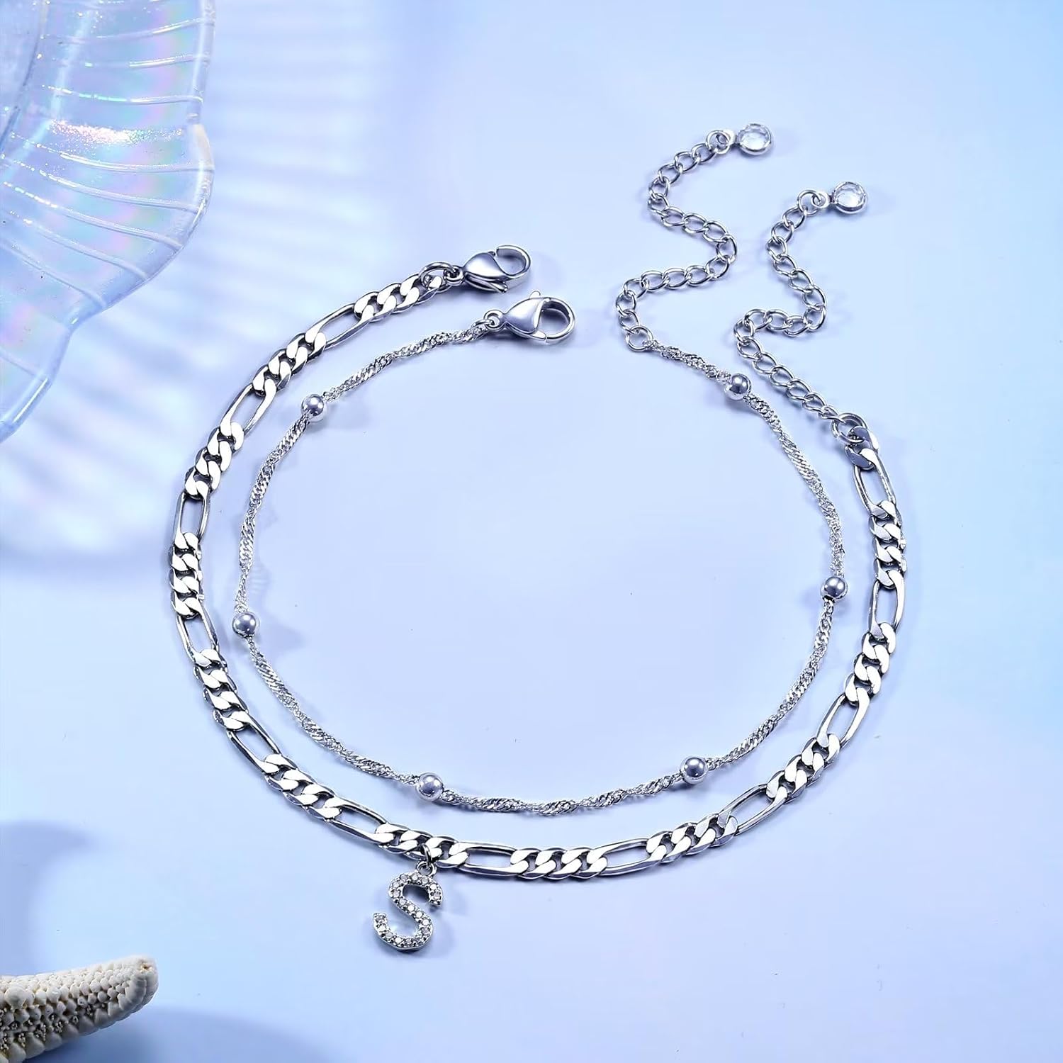 Thumbnail 6 de TINGN Chaîne de cheville pour femme – argent plaqué or 14 carats, lettres A à Z, double chaîne réglable