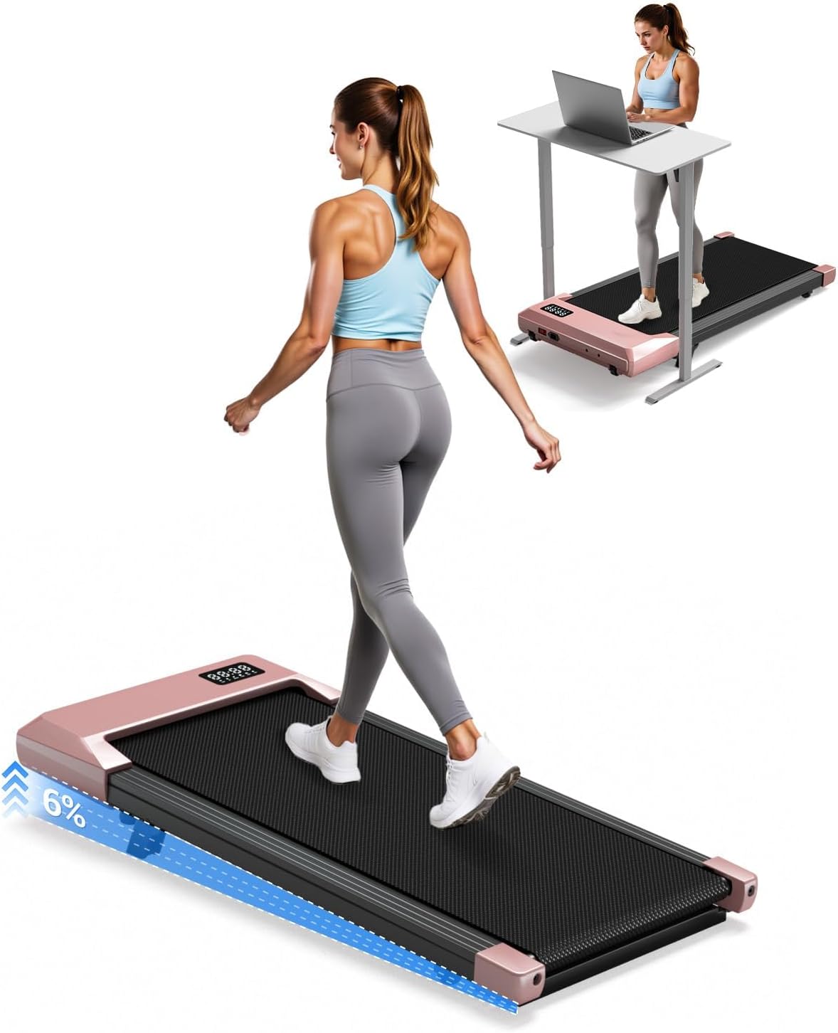 Detalle de Superun walking pad treadmill, 6% incline, 300 lbs capacity, 2.5 hp motor