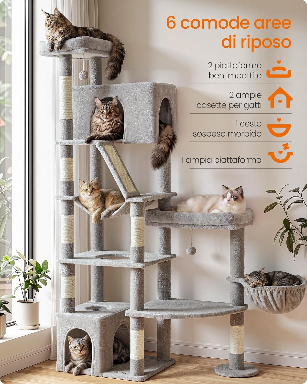 Detalle de Feandrea Grand Arbre à Chat multi-niveaux – Clawfy PCT016G101, Gris Clair