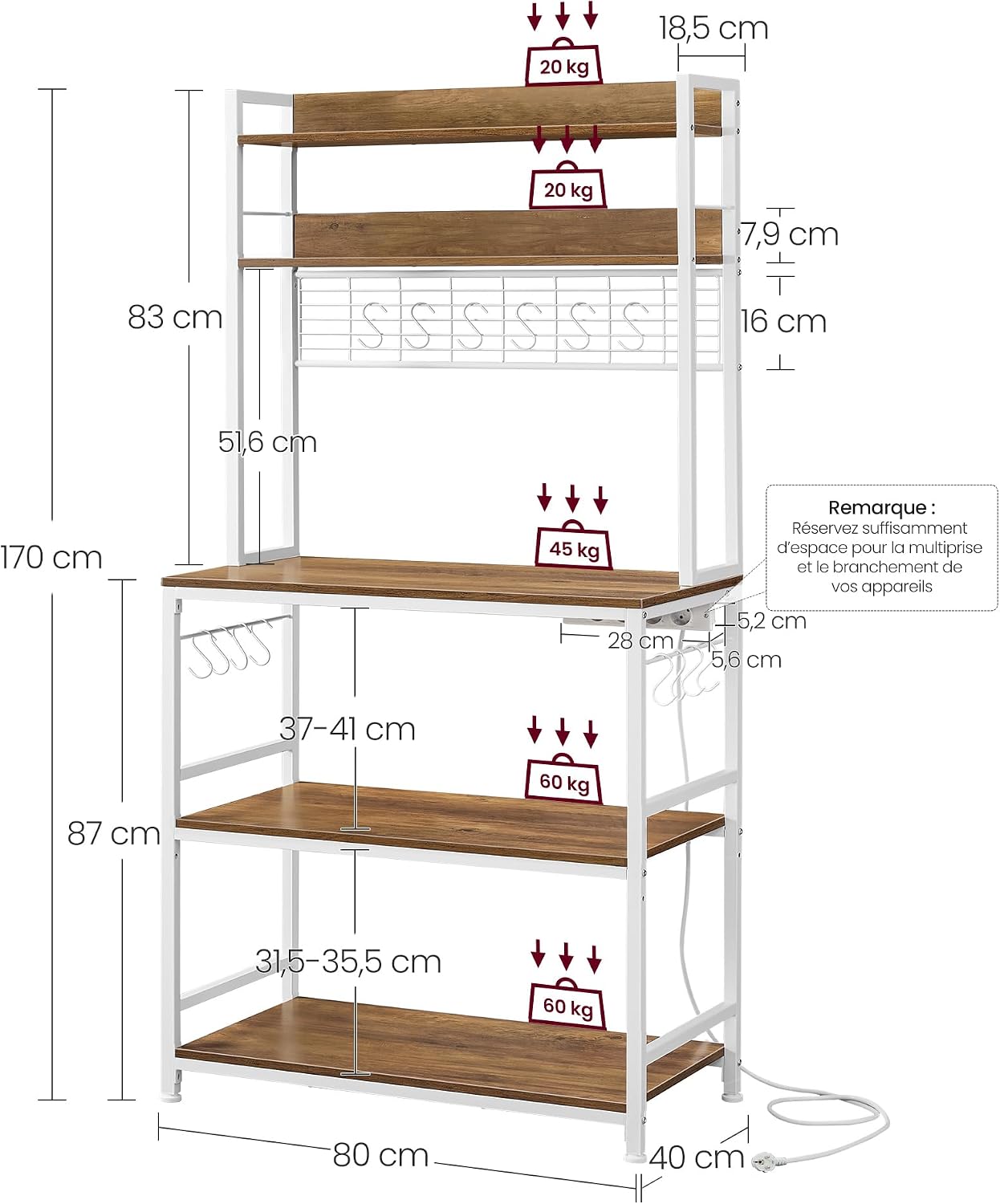 Detalle de VASAGLE KKS025W41EU keukenrek met stekkerdoos, 5 legplanken en 14 haken