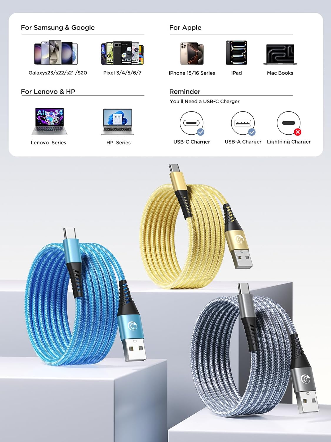 Thumbnail 6 de Yosou USB-C Charger Cable 3m (3-Pack) – Fast Charging USB to USB-C Leads for iPhone, Galaxy, Pixel & more