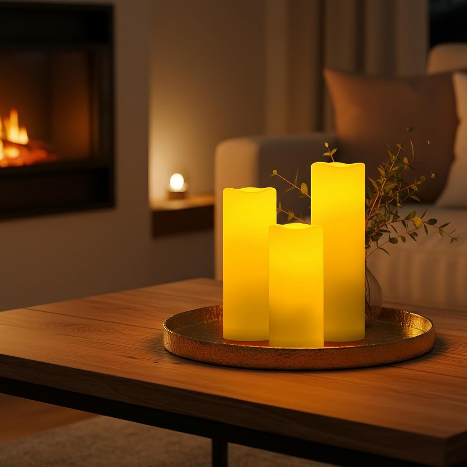 Detalle 2 de Homemory Flickering Flameless Candles Outdoor – Set of 5 Ivory LED Pillar Candles with Remote, Waterproof and Battery Operated