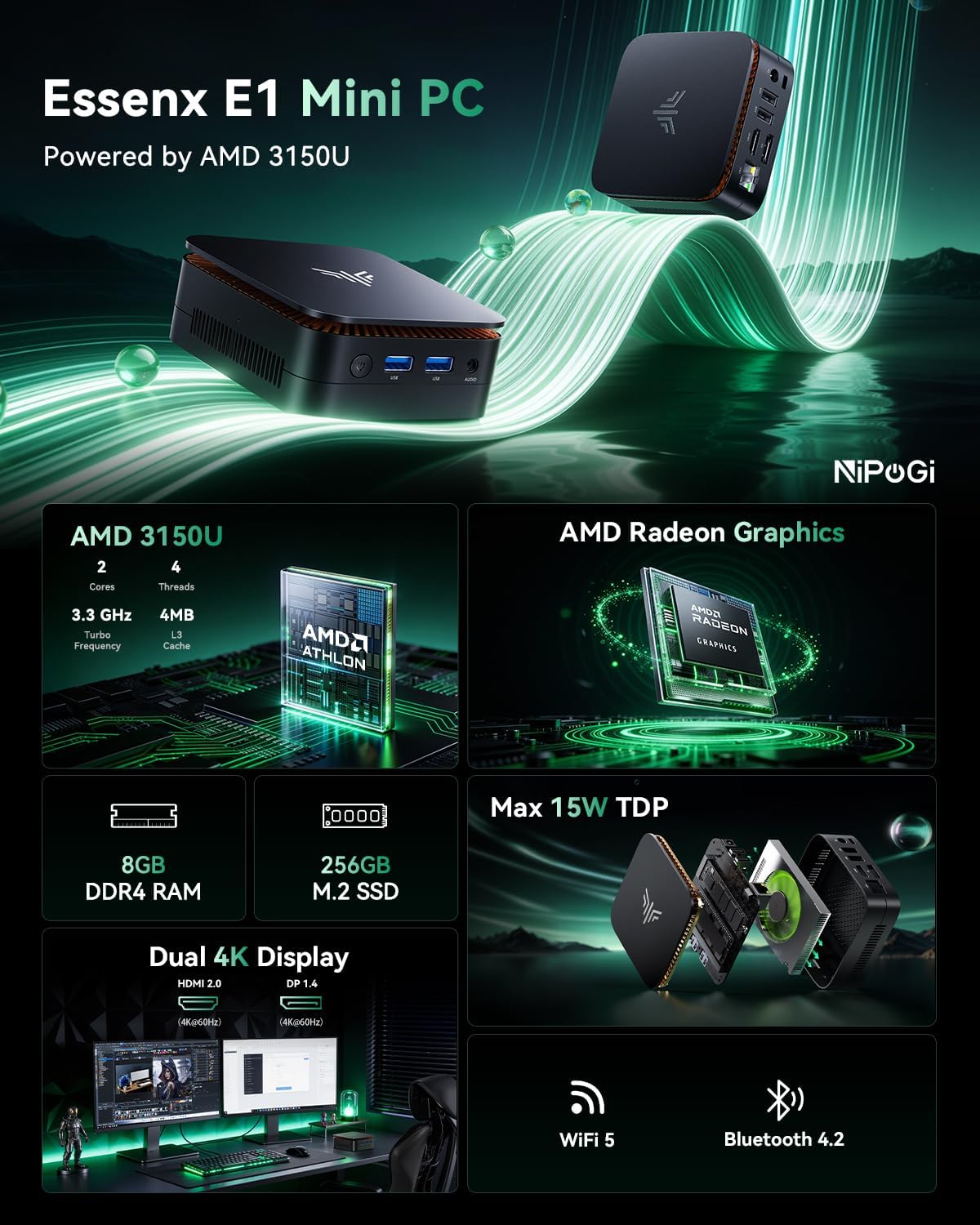Detalle 2 de NiPoGi Essenx E1 Mini PC: Kompakt, flexibel und ordentliche Leistung für Büro und Multimedia