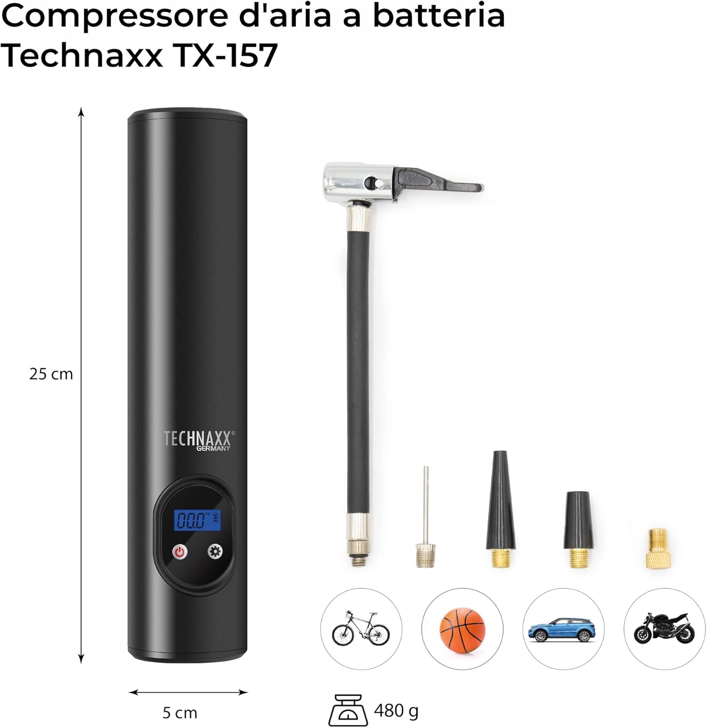 Detalle 2 de Technaxx TX-157 Compressore a batteria con mini pompa elettrica, display digitale e faro LED da lavoro