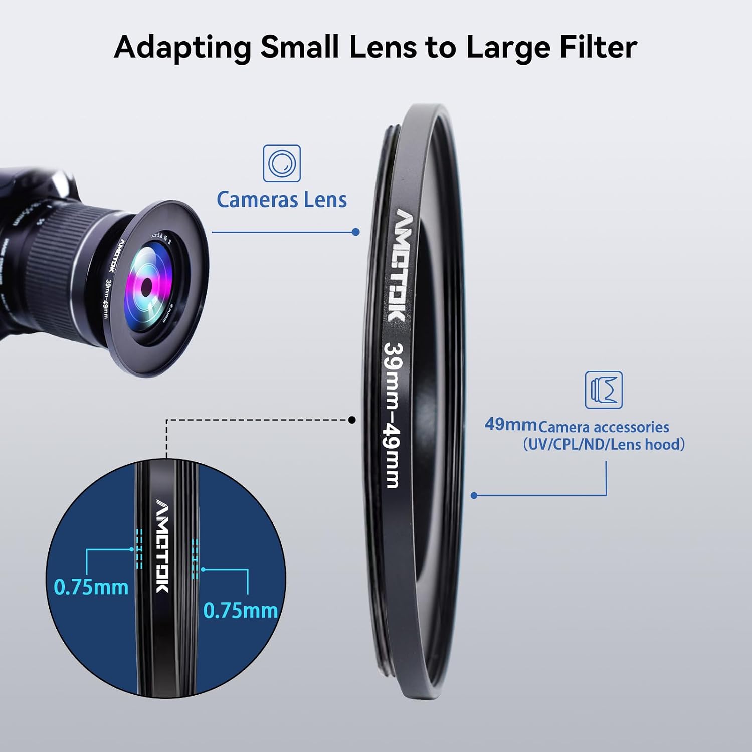 Detalle 2 de 39mm to 49mm Step-Up Adapter Ring for Filters