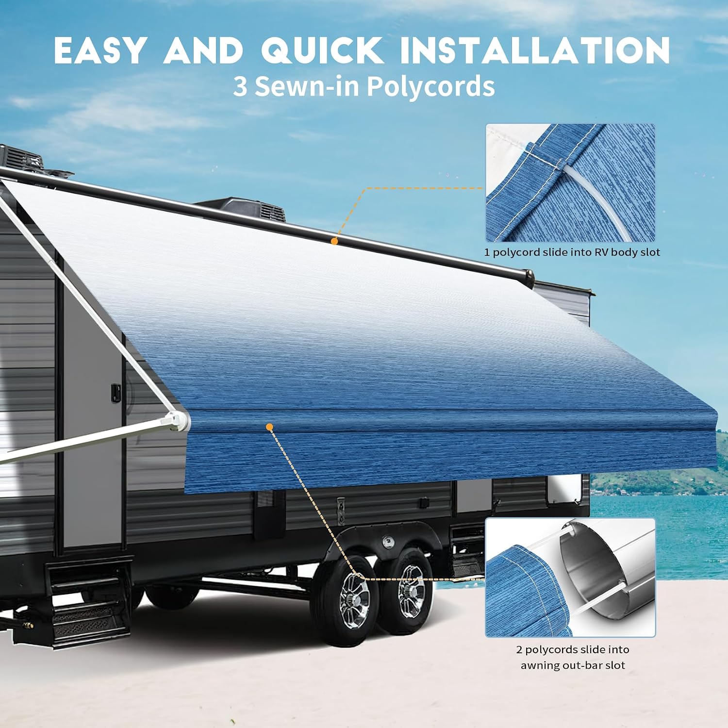 Detalle de RV Awning Fabric Replacement: Heavy Duty 18.5oz Vinyl, 18FT Sapphire Blue Fade