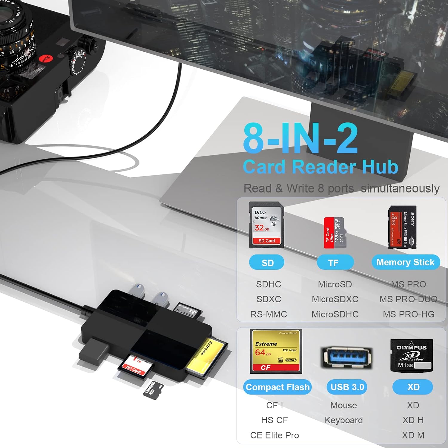 Detalle de USB-C USB-3.0 Multi-Kartenleser (8-in-2) Hub-Adapter für SD/TF/CF/XD/MS – 3×USB 3.0 + Kartenleser