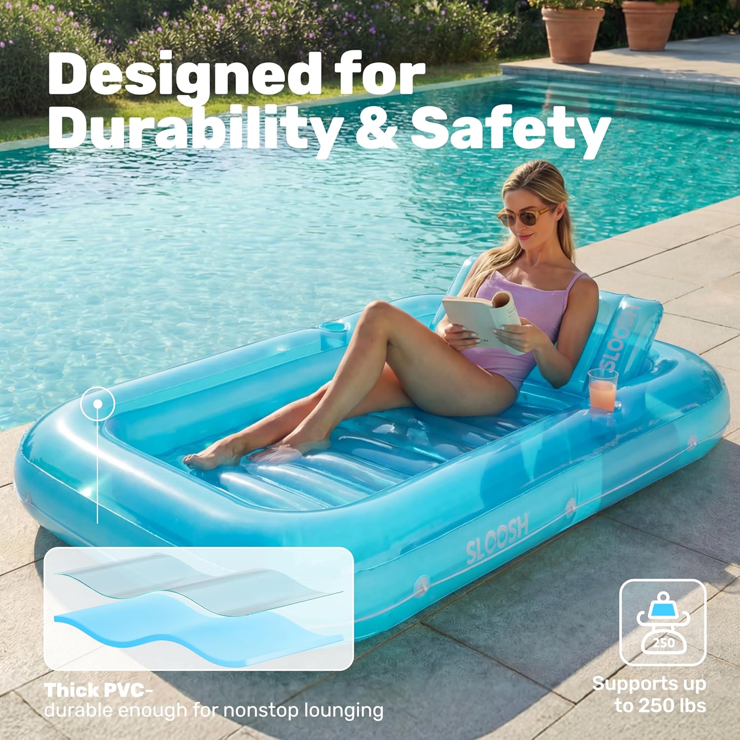Thumbnail 4 de SLOOSH Inflatable Tanning Pool Lounger Float (70" x 46") with Removable Pillow, L-Blue