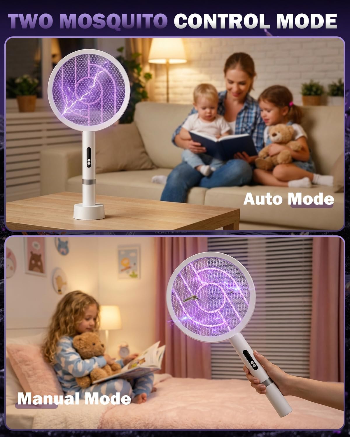Detalle de Molxss Electric Fly Swatter Rechargeable – 1800mAh, 4000V Mosquito Zapper with USB-C & Charging Base