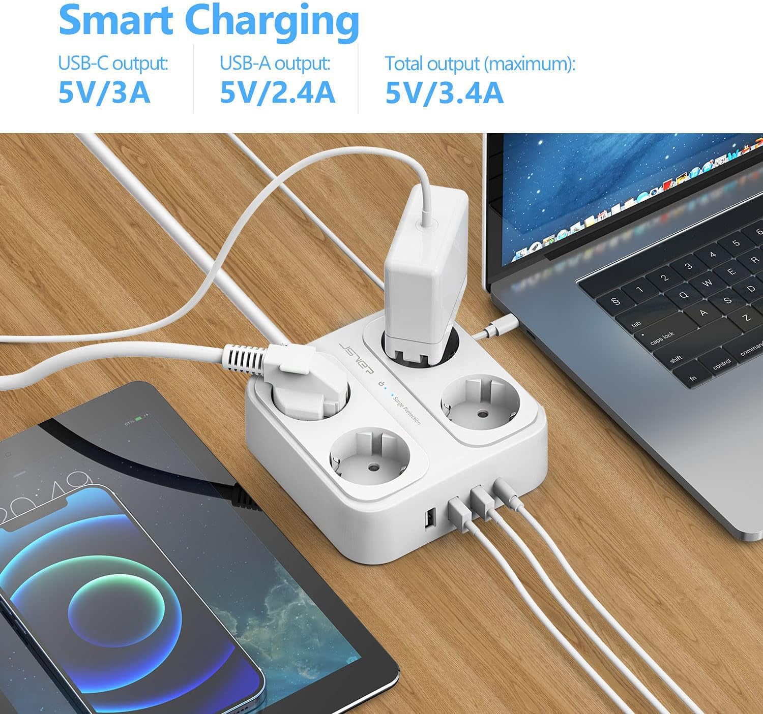 Thumbnail 4 de JSVER Steckdosenleiste Überspannungsschutz 4 Fach mit USB-C & USB-A, 5 m Kabel