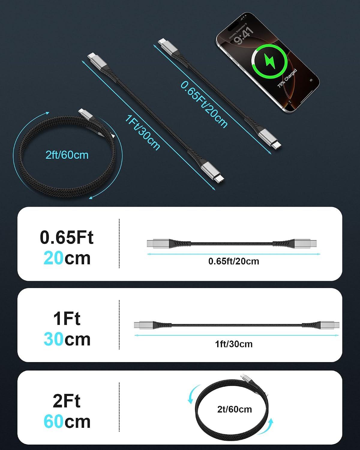 Thumbnail 5 de 3er-Set USB-C auf USB-C Kabel Kurz (60 cm) – 60W PD 3.0, Nylon-Ummantelung