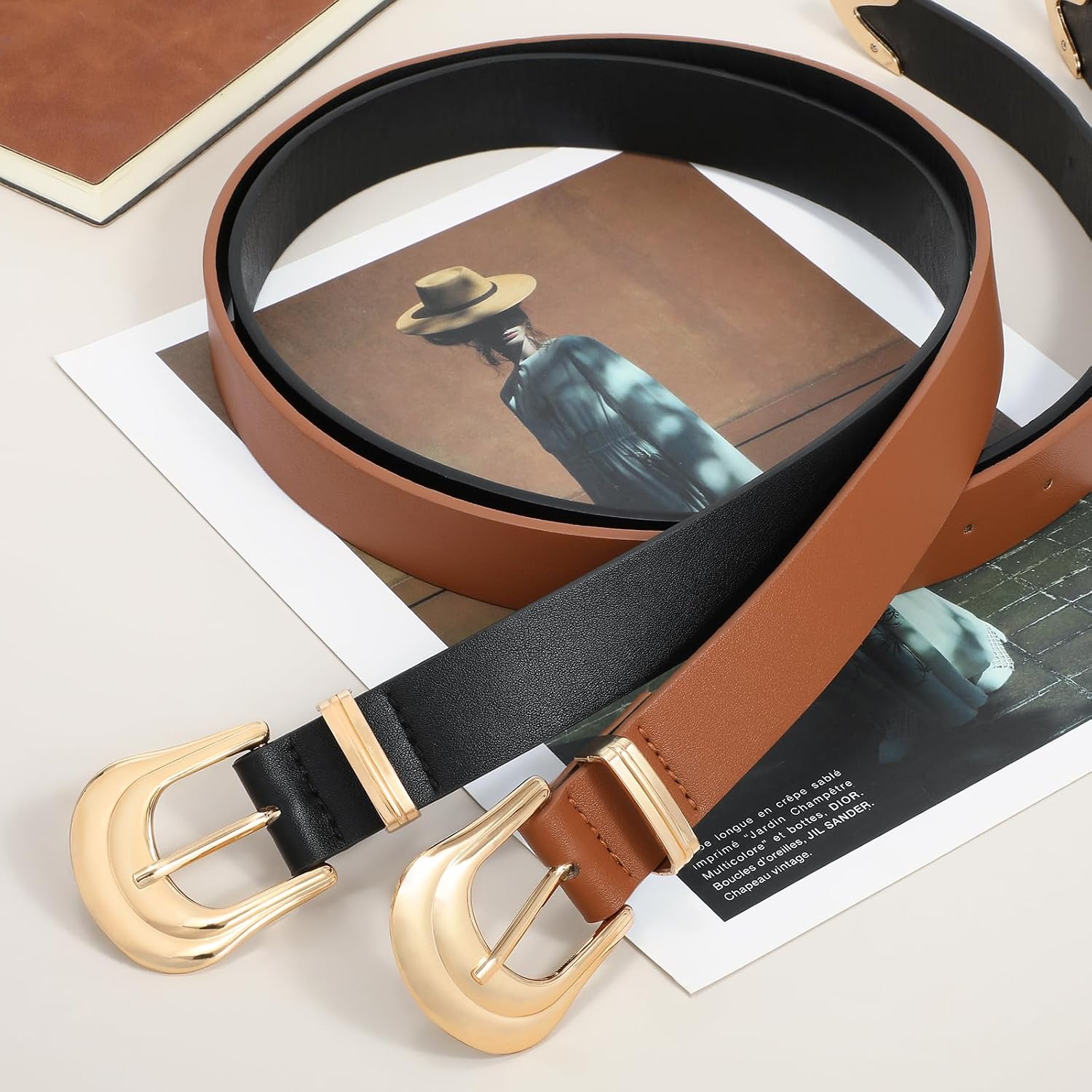 Detalle de XZQTIVE Women's Leather Belt with Western Buckle – Black, 1 inch Width, Faux Leather
