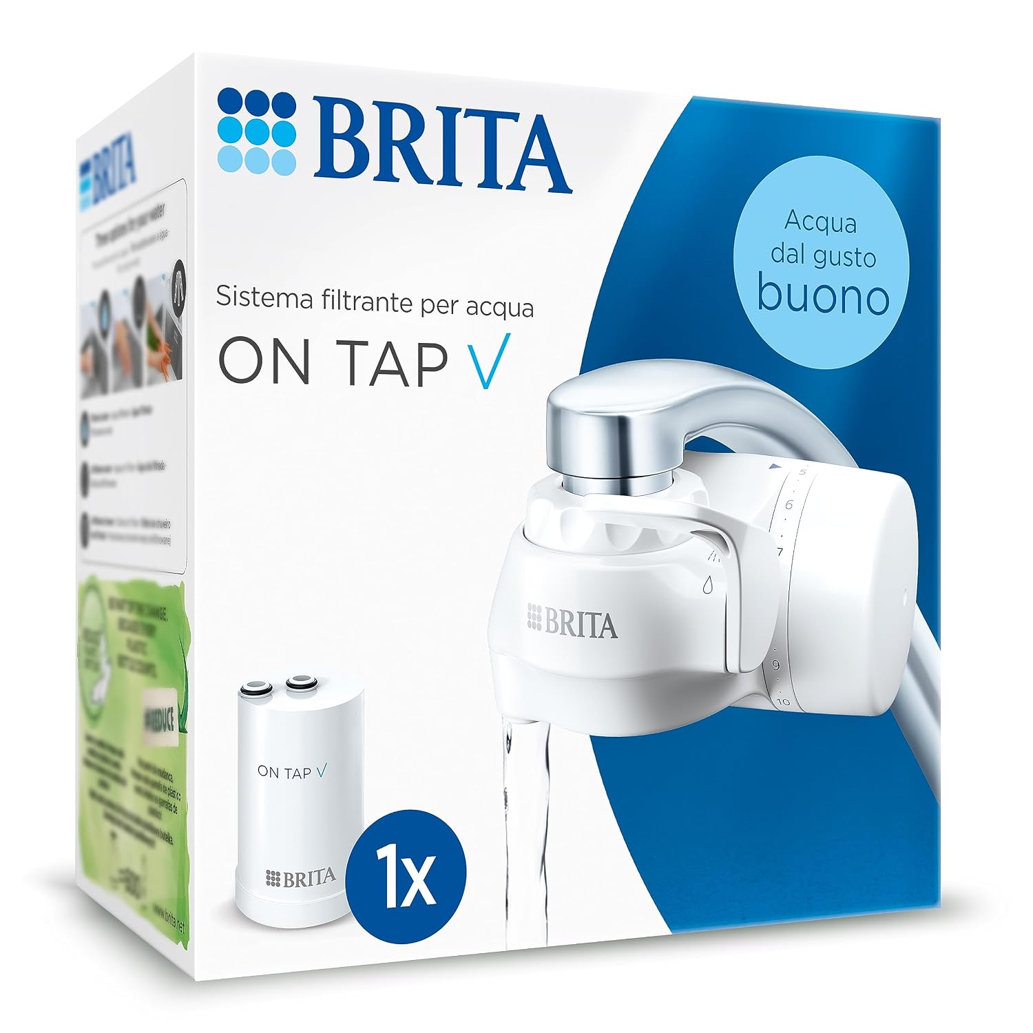 BRITA ON TAP V: filtro rubinetto in 4 stadi con indicatore manuale, compatibile Ø22/24 mm