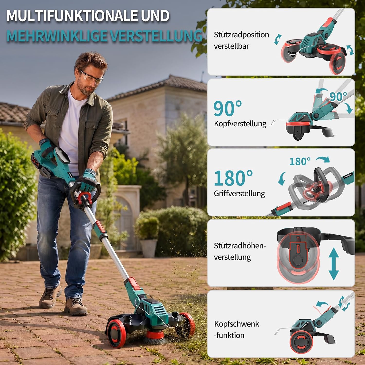 Detalle de Rasentrimmer mit Akku 21V – Makita-Kompatibel, 5-in-1 inklusive Unkrautbürste, 2 × 4,0Ah, 900W bürstenloser Motor