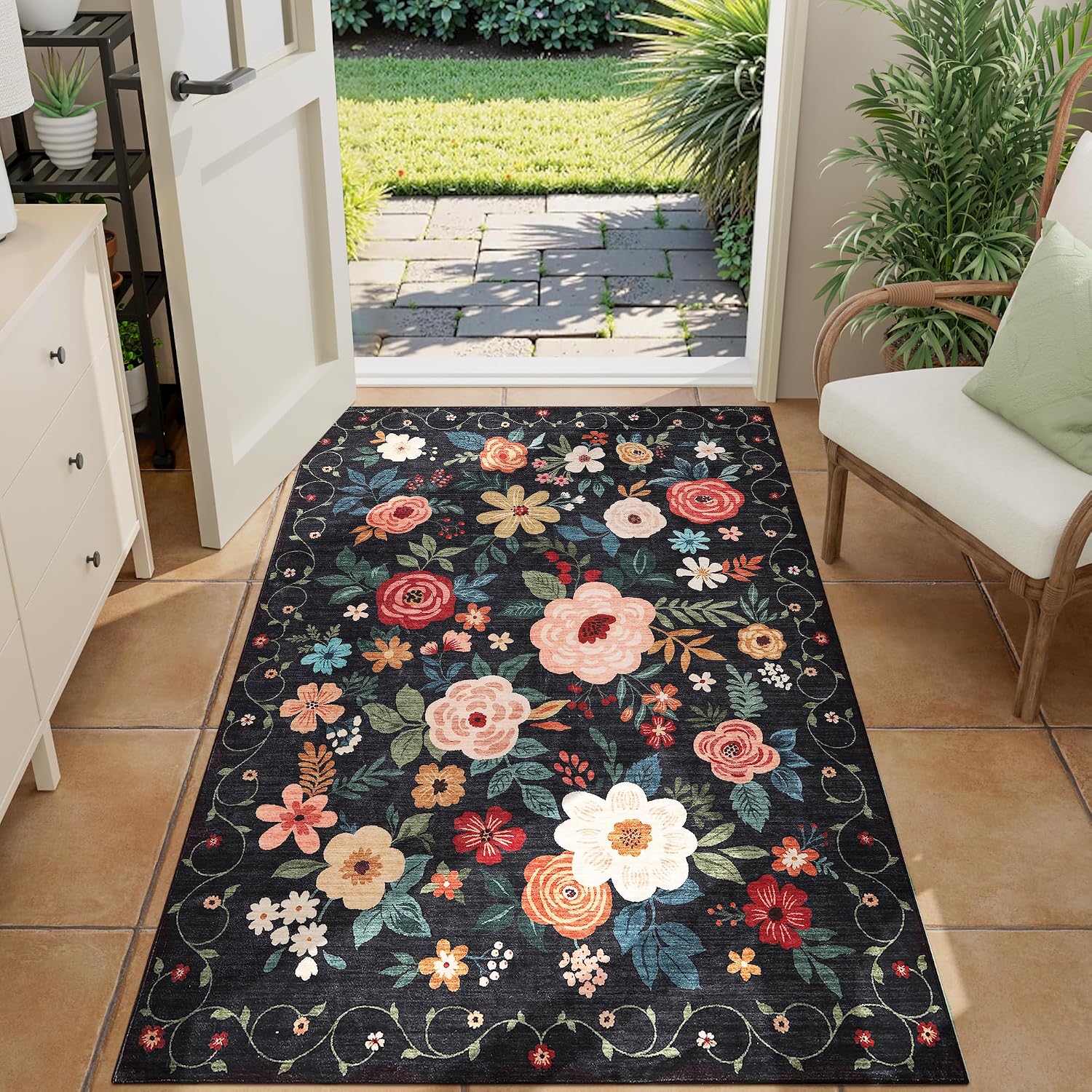 Thumbnail 3 de DUKINO 3x4 Boho Non-Slip Rug – Lightweight, Washable, Short-Pile Floral Interior Mat (Black)