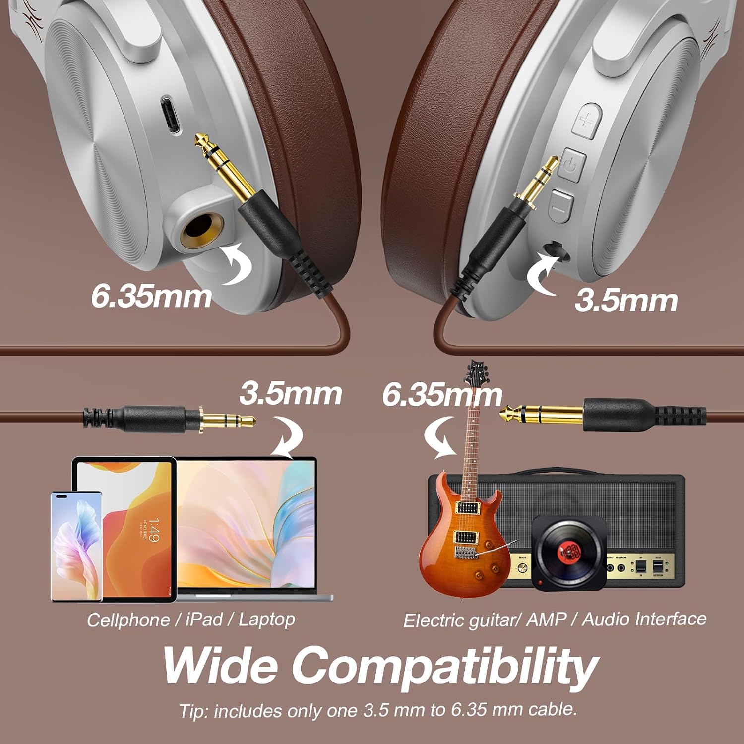 Detalle de OneOdio A70 Bluetooth Over-Ear Headphones, 72-Hour Playtime, 3.5/6.35 mm Jacks