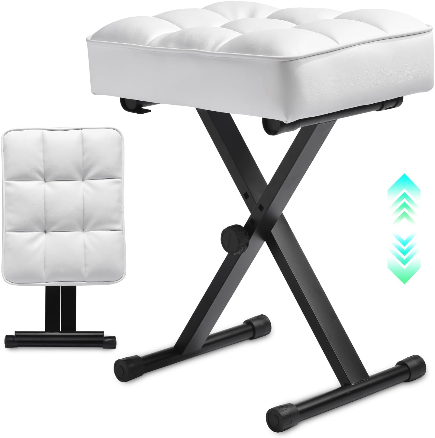 Detalle de Takira S31 Adjustable Piano Bench, White, 4-Inch Cushion, Foldable X-Frame