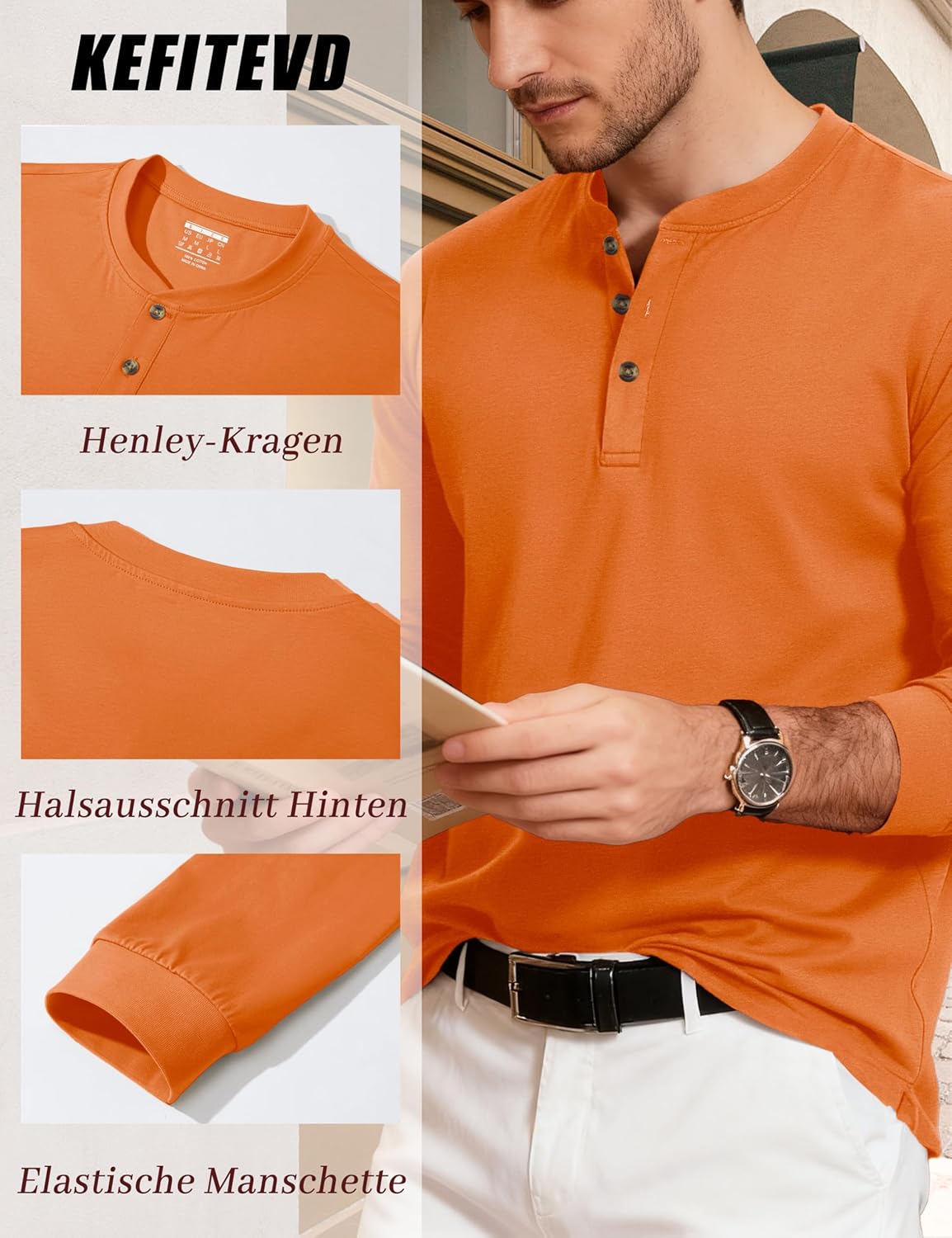 Thumbnail 4 de KEFITEVD Henley Shirt Herren Langarm – Baumwoll-Hemd mit Knopfleiste