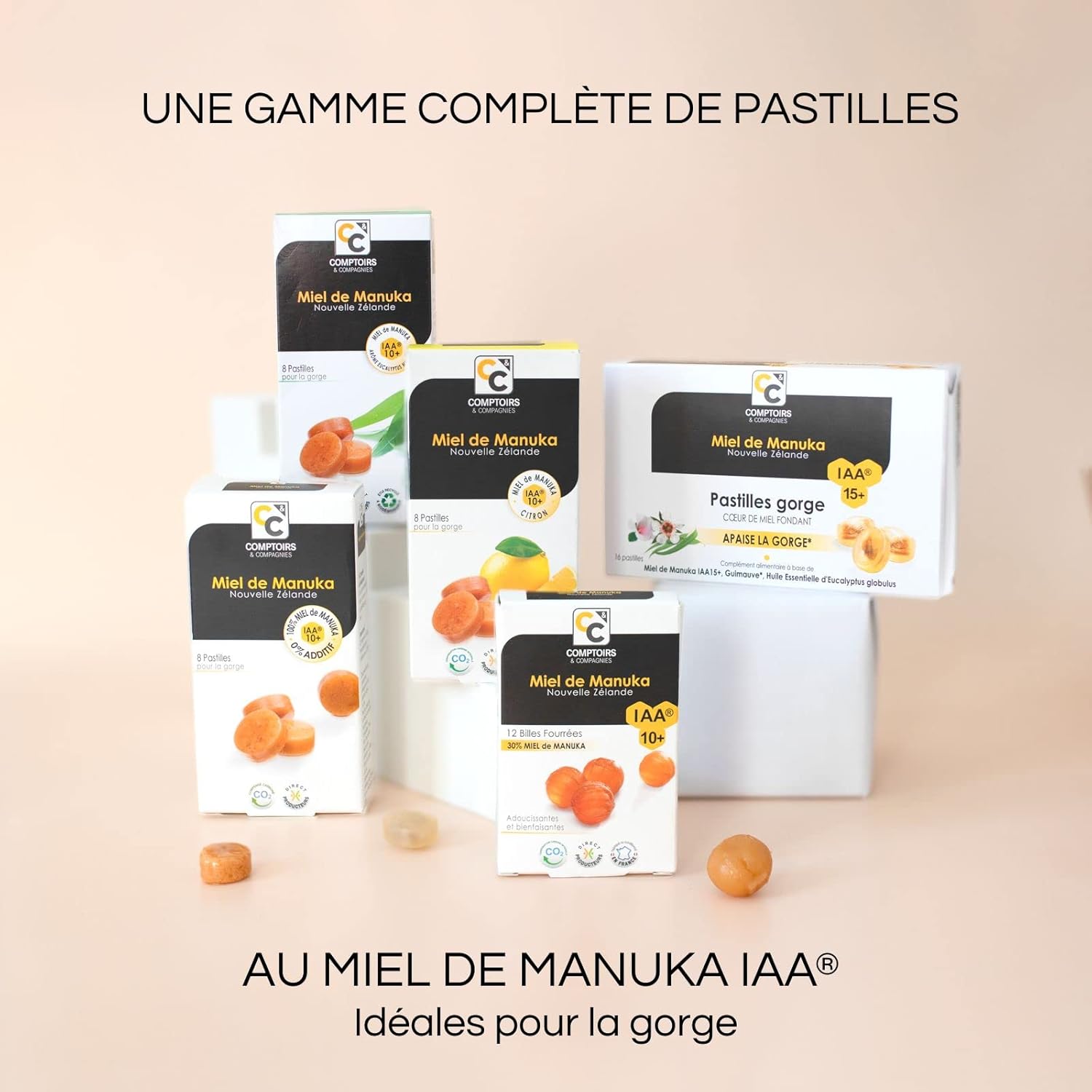 Detalle 2 de Pastilles Coeur Fondant au Miel de Manuka IAA15+ de Comptoirs et Compagnies – 16 pastilles
