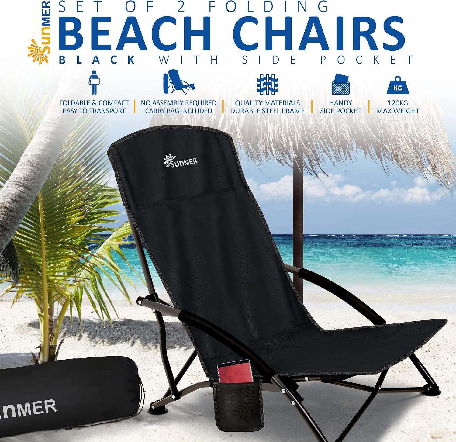 Thumbnail 2 de SUNMER Set of 2 Folding Beach Chairs – Practical, Lightweight and sturdy outdoor seats