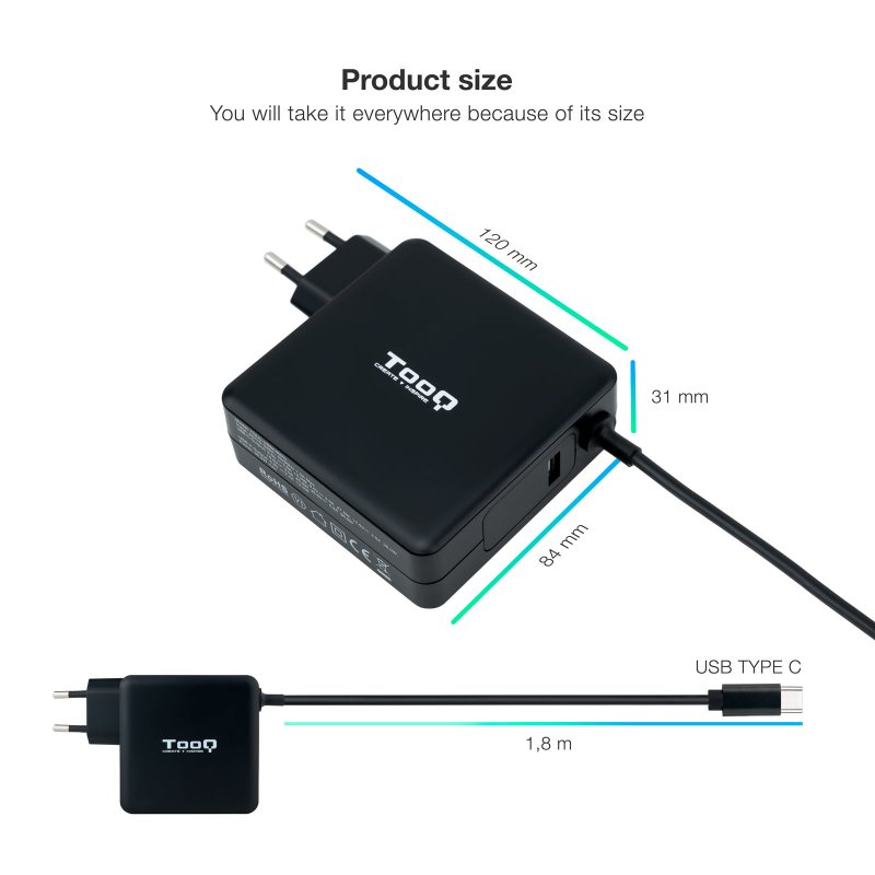 Thumbnail 1 de TooQ TQLC-USBC90PD: Cargador USB-C PD 90W para portátil ( Negro )