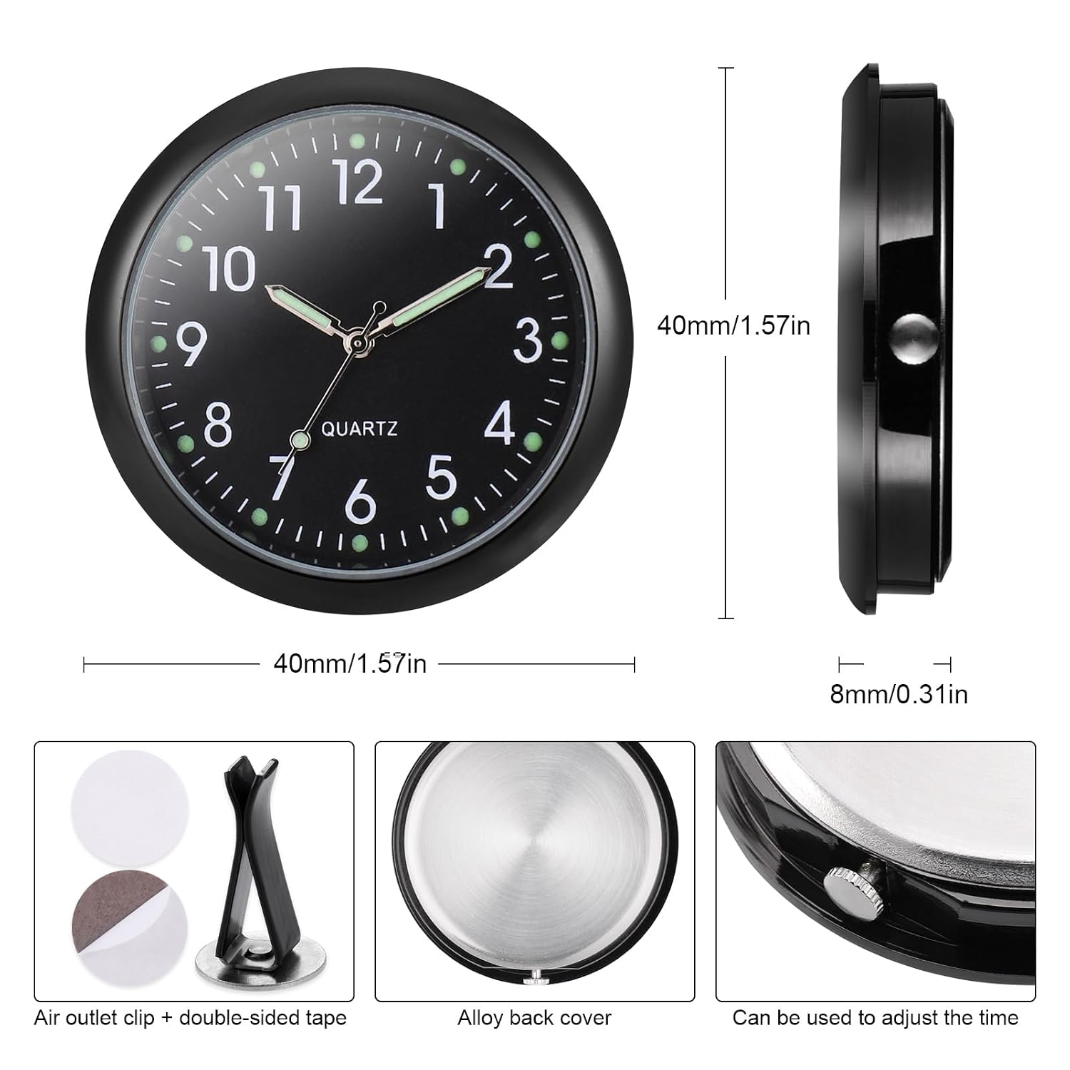 Detalle de JIZZU CZ-A005-1-EU – analogowy zegar samochodowy z mechanizmem kwarcowym, 40 × 40 mm