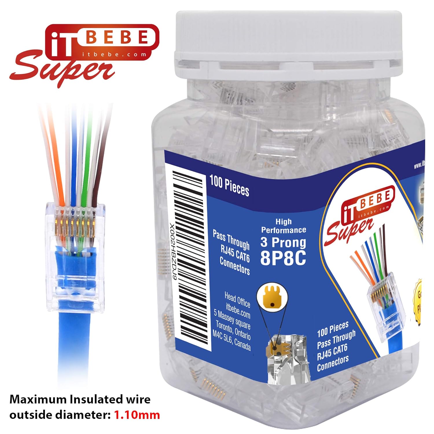 Thumbnail 1 de ITBEBE 100-Pack Cat 6 Pass Through RJ45 Connectors (8P8C) for Solid or Stranded UTP Ethernet Cable