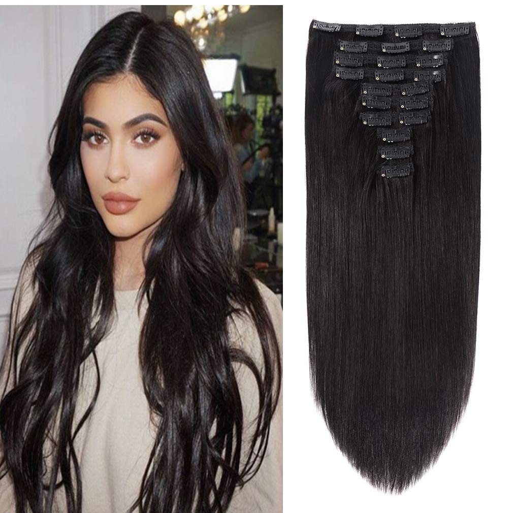 Detalle de 22" Clip-In Human Hair Extensions Full Head 200g (1B) — Double Weft, Natural Black
