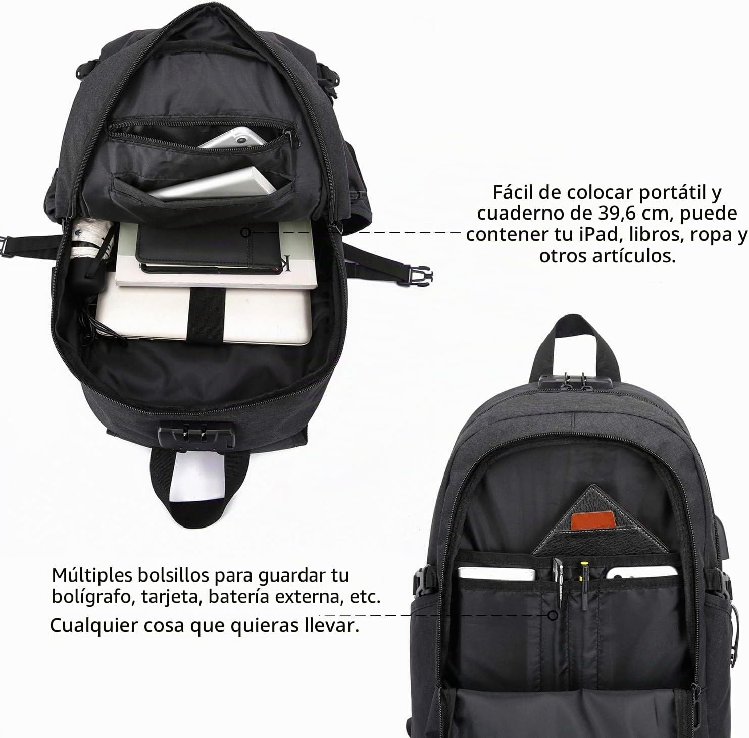 Thumbnail 3 de WENIG Mochila antirrobo impermeable para portátil de 15,6" con puerto USB y cierre con candado (negra)