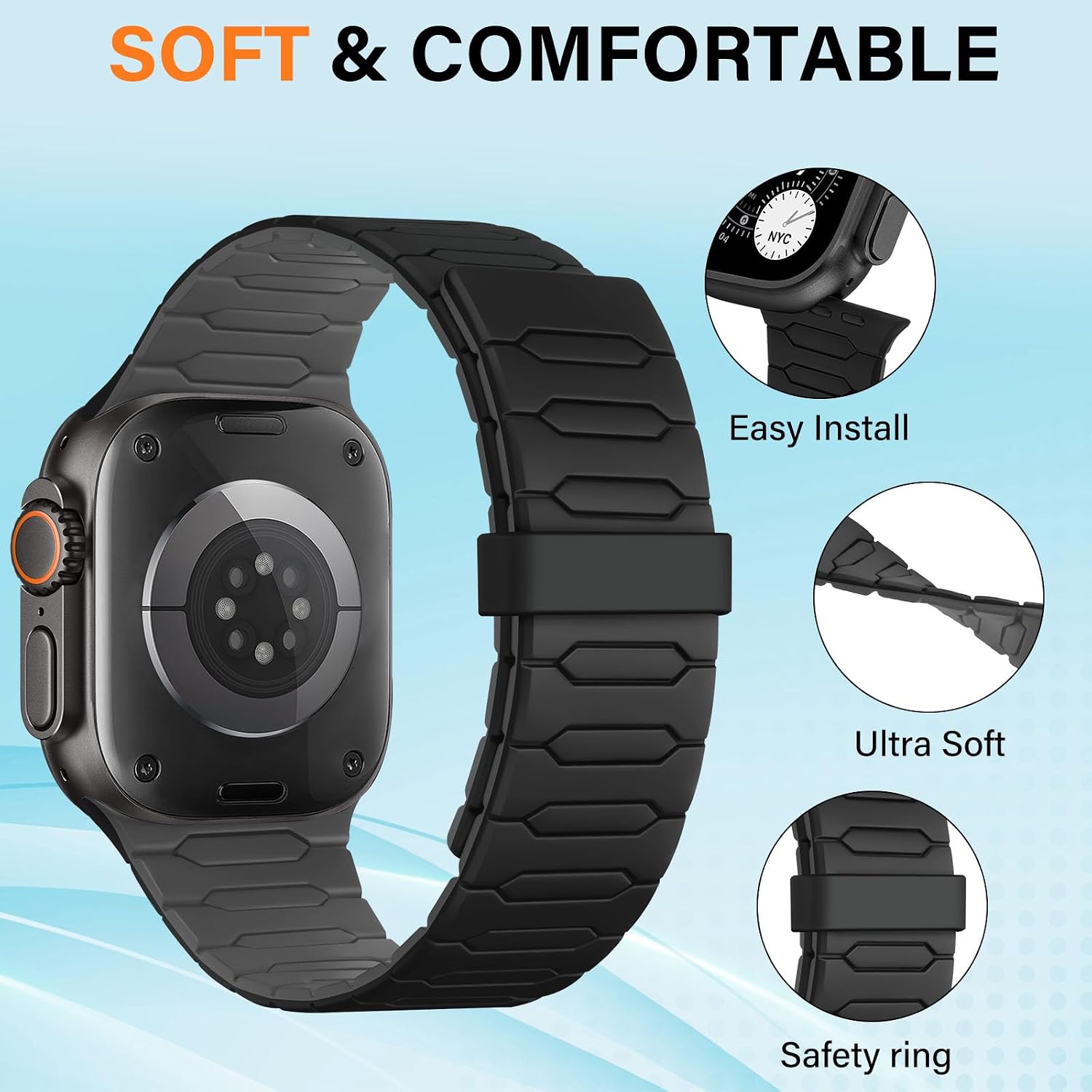 Detalle de Sixmoat Magnetic Band for Apple Watch — 42–49mm Silicone Magnetic Strap (Black/Gray)
