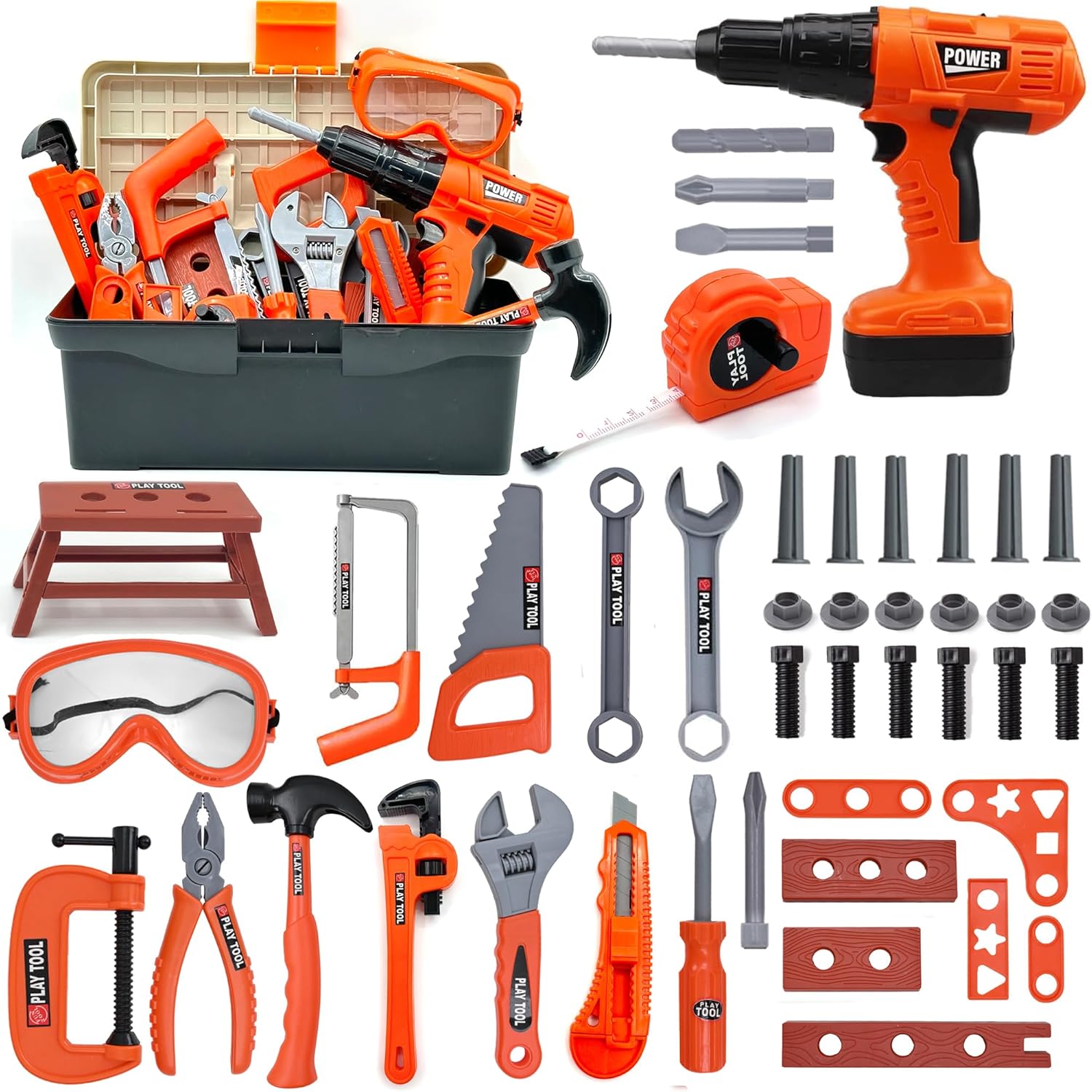 HYRENEE Kids Tool Set (48-Piece) with Electronic Toy Drill & Toolbox
