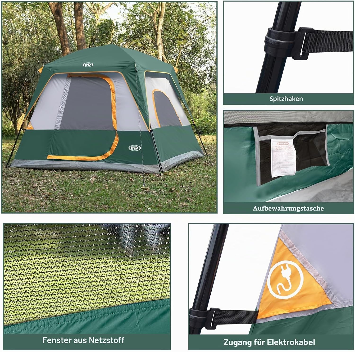 Detalle 2 de UNP Campingzelt für 4–8 Personen – einfach aufzubauen, wasserdicht mit Regendach, Stehhöhe