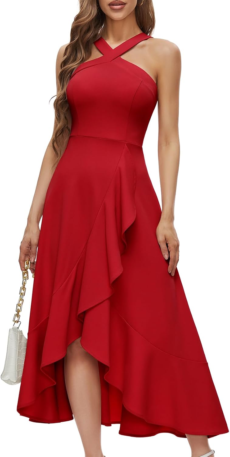 Bbonlinedress Halter Maxi Cocktail Dress with Ruffled Hem for Weddings and Events