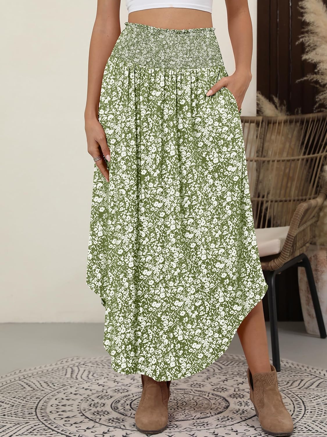 Detalle de ANRABESS Women's Maxi Skirt – Boho Floral, High-Waisted, Pockets, Summer Beach Dress