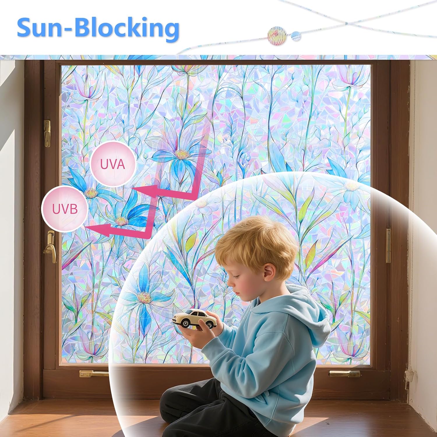 Thumbnail 2 de FINNEZ Fensterfolie – Selbstklebende statische Klebefolie, Regenbogen-Blumenmuster, Blau, 90 × 400 cm