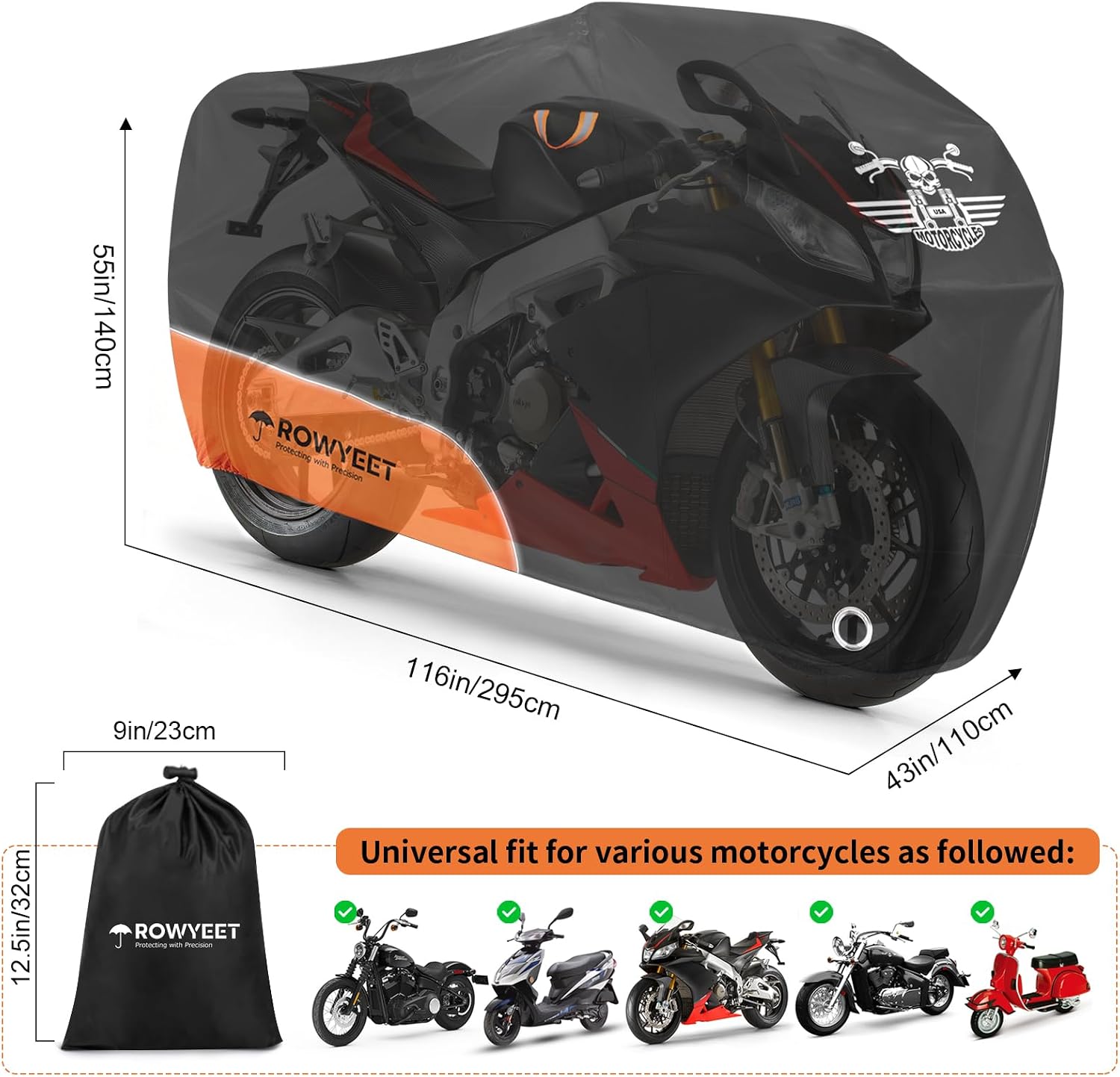 Thumbnail 1 de ROWYEET Motorcycle Cover Waterproof Outdoor Storage with Lock-Holes: All-Season Protection for Up to 116" Motorcycles