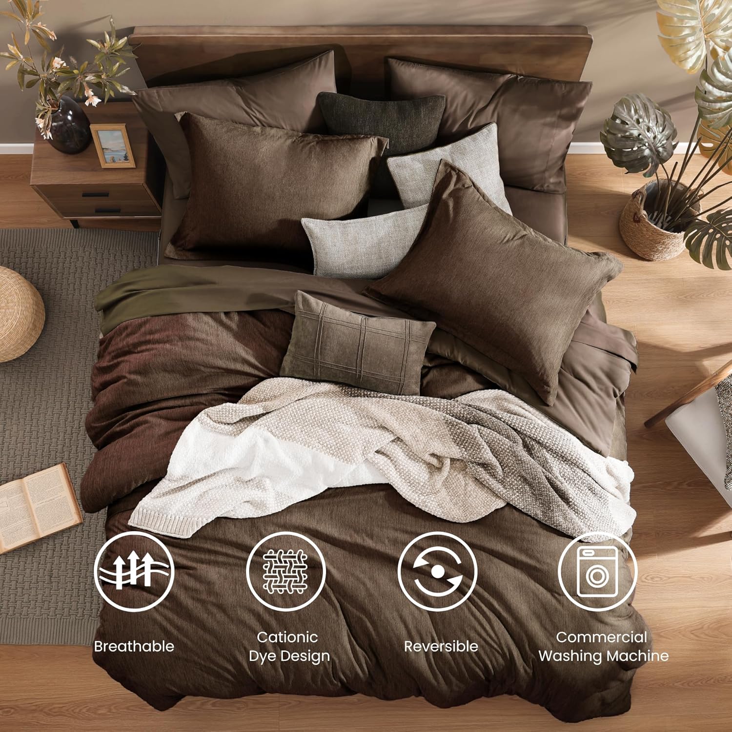 Detalle 2 de Monbix Full Size Comforter Set, Chocolate Brown Reversible Polyester Bedding